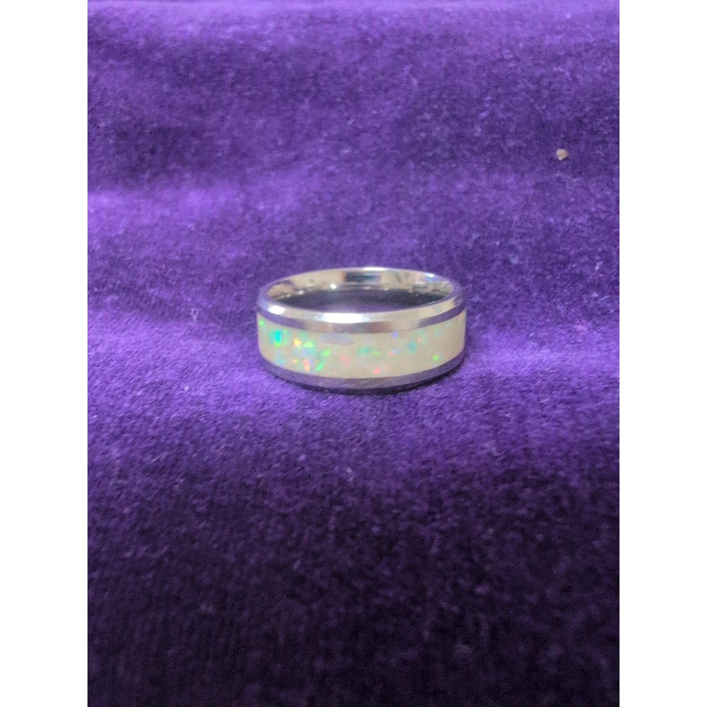 Stainless Steel Ring Silver Tone  lab opal inlay, Size 7.5
